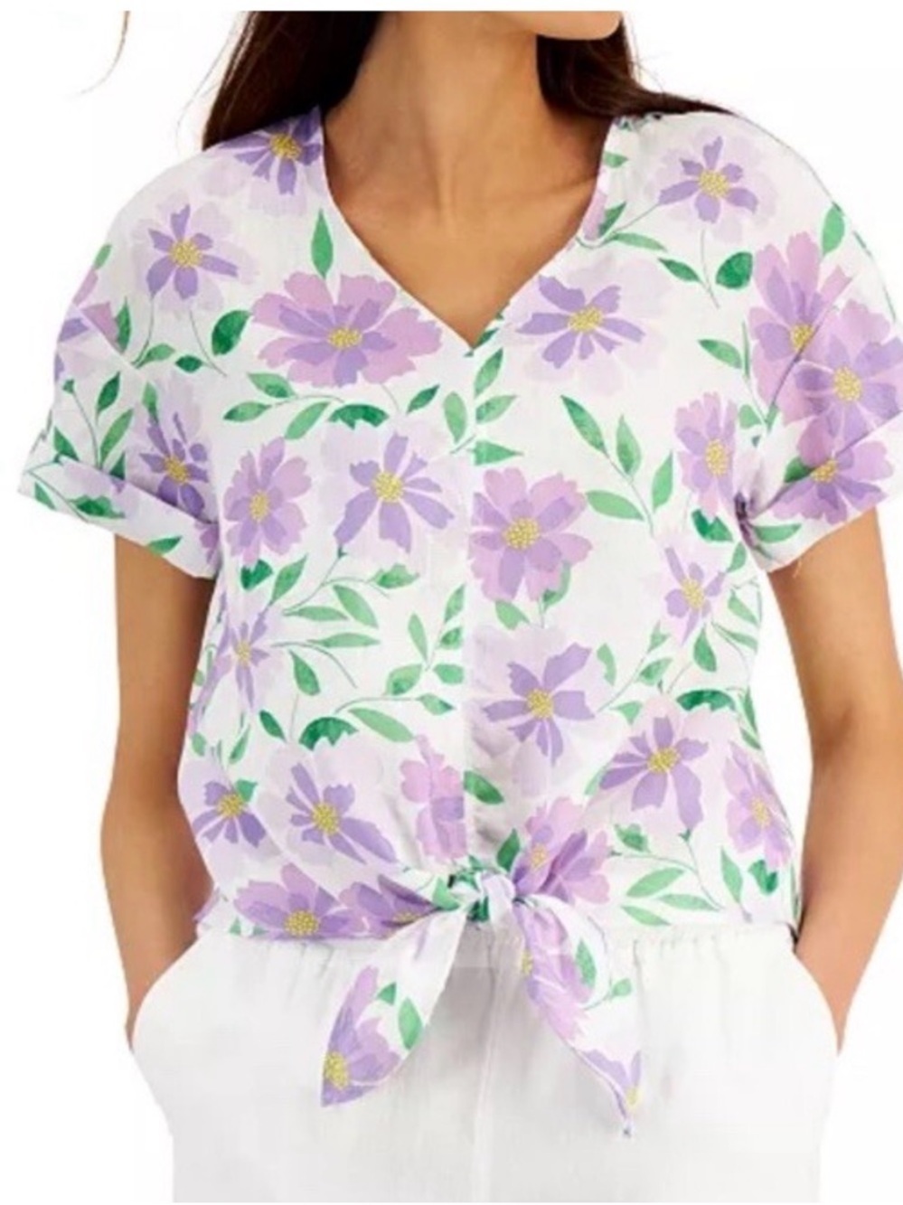 Charter Club Linen Floral Blouse Lavender Tie-Front Cuffed Sleeve M